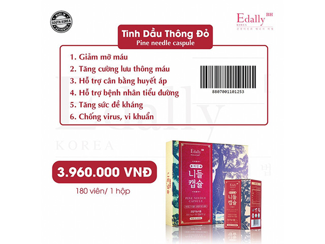 Sản phẩm Tinh Dầu Thông Đỏ Chính Phủ Hàn Quốc Edally Pine Needle Capsule 180v cao cấp, nhập khẩu chính hãng có đầy đủ thông tin mã vạch, giá bán niêm yết…