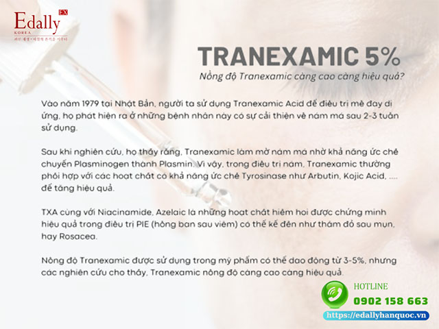 Nồng độ Tranexamic acid càng cao càng có hiệu quả thay thế Hydroquinone trong điều trị tăng sắc tố da