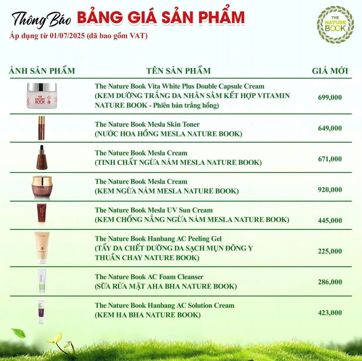 Bảng giá điều chỉnh Mỹ phẩm thuần chay The Nature Book từ 1/7/2025