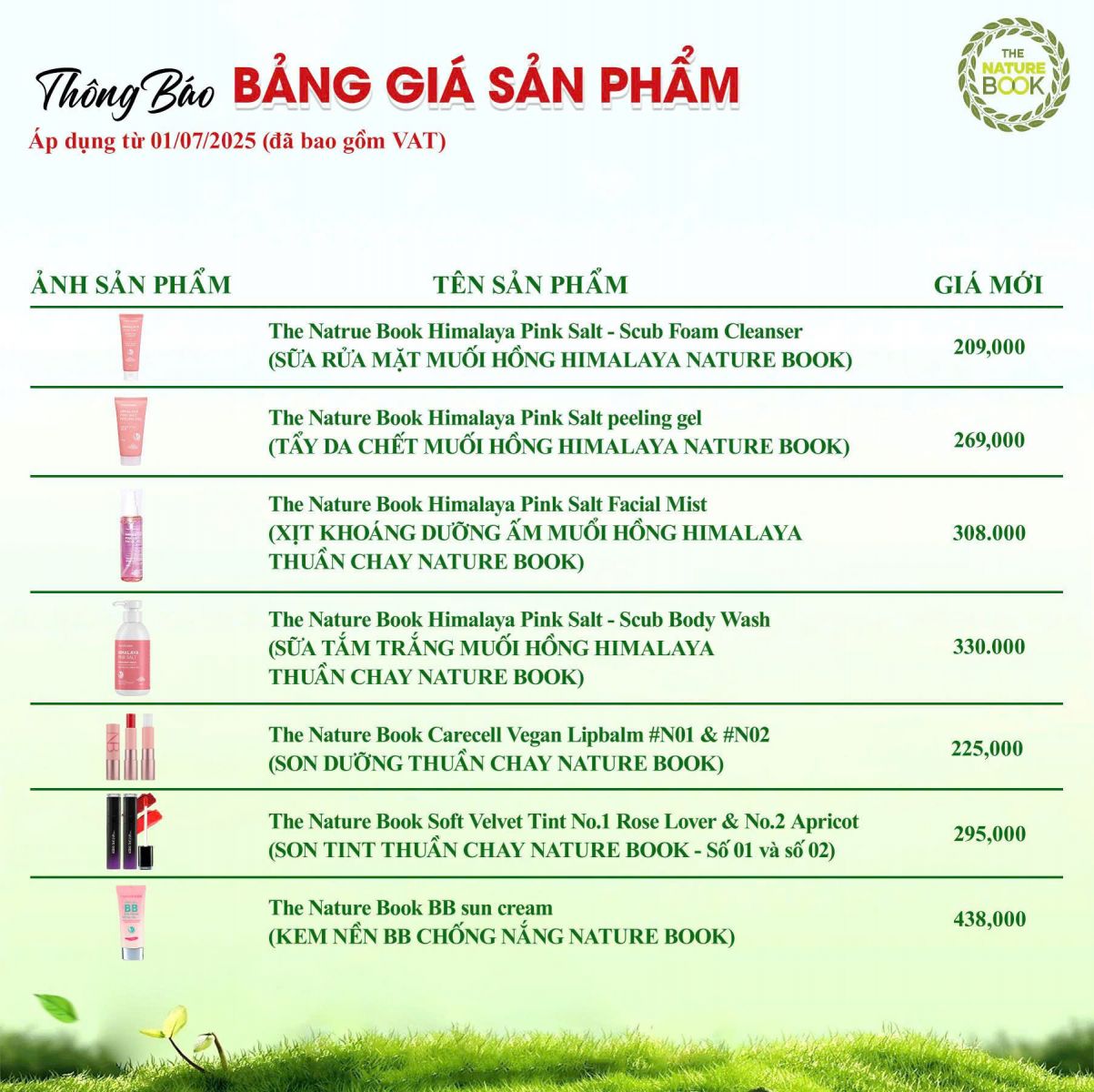 Bảng giá điều chỉnh Mỹ phẩm thuần chay The Nature Book từ 1/7/2025