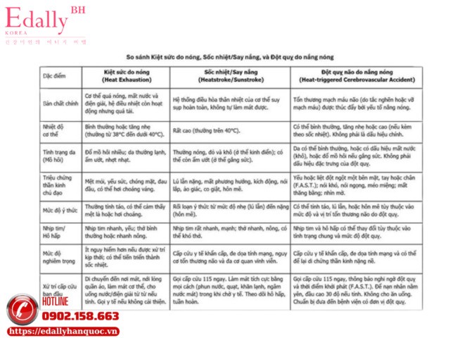 Bảng so sánh kiệt sức do nóng (say nóng), sốc nhiệt (say nắng) và đột quỵ do nắng nóng