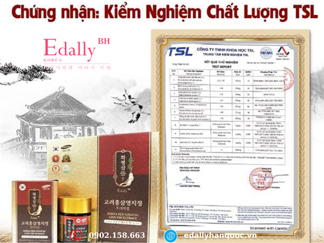 Hồng sâm linh chi Edally Hàn Quốc được chứng nhận kiểm nghiệm chất lượng TSL