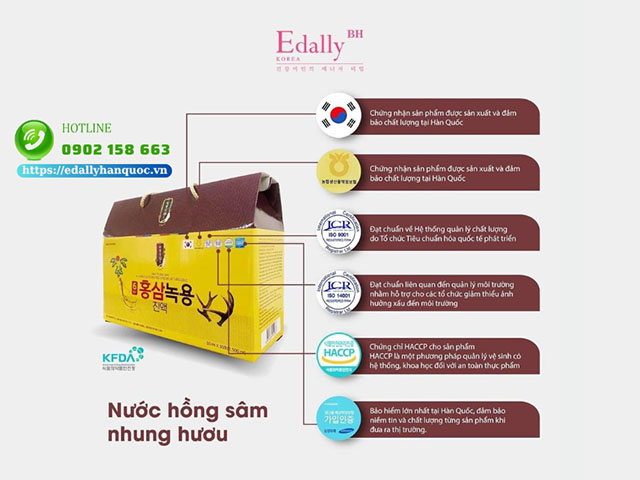 Chứng nhận chất lượng của Nước Hồng sâm Nhung hươu Edally Hwa Pyung Sam 6 Year Old Korea Red Ginseng Antilers Liquit Hàn Quốc nhập khẩu chính hãng