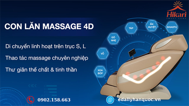 Ghế Massage Hikari Nhật Bản - MH 2225 cao cấp giúp nâng đôi hiệu quả massage nhờ con lăn 4D linh hoạt nhiều vị trí