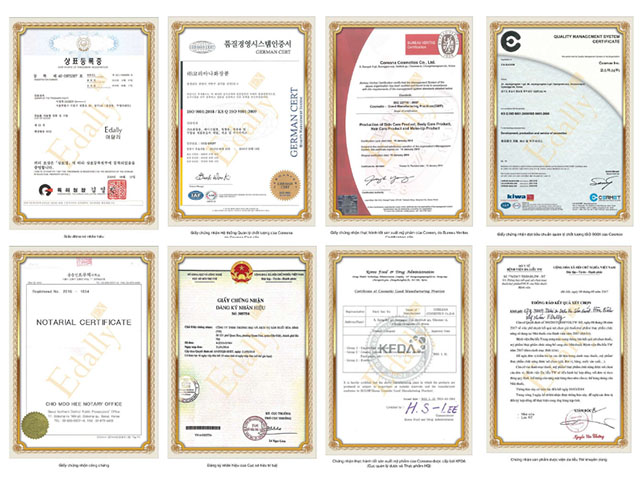 Các chứng nhận chất lượng sản phẩm Mỹ phẩm được phân phối bởi Trung Tâm Tinh Dầu Thông Đỏ Hàn Quốc Edally BH