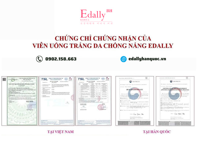 Giấy tờ chứng nhận chất lượng của Viên uống trắng da chống nắng Edally BH Hàn Quốc