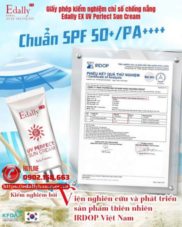 Kem chống nắng ngừa nám Edally EX được chứng nhận chuẩn SPF50+/PA++++ bởi Viện nghiên cứu và phát triển sản phẩm thiên nhiên IRDOP