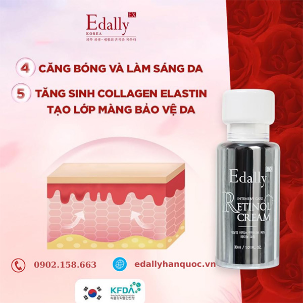 Kem Retoinol Edally EX Hàn Quốc giúp tăng sinh collagen, elastin giúp làm căng bóng và làm sáng da