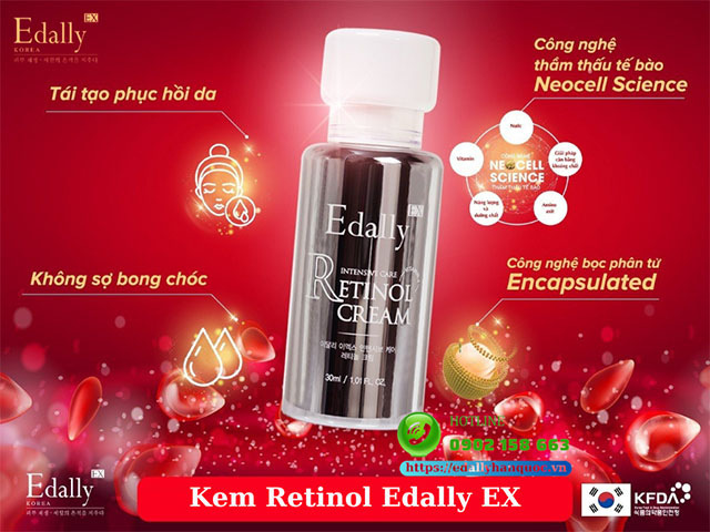 Kem Retinol Edally EX với công nghệ kép là công nghệ bọc Nano Encapsulated Retinol và công nghệ thẩm thấu tế bào Neocell Science giúp tái tạo phục hồi da mà không gây bong tróc