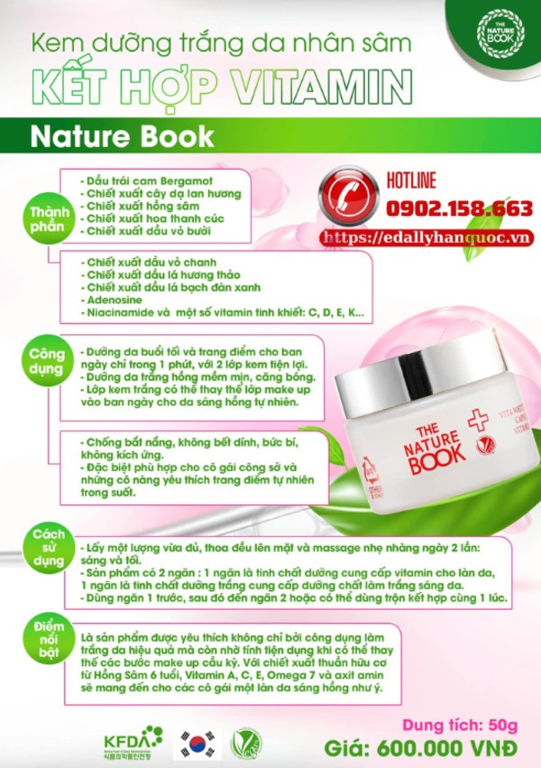 Kích hoạt thanh xuân với Kem dưỡng trắng Vita White The Nature Book Hàn Quốc