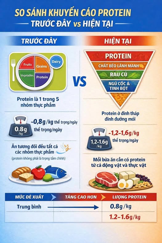 So sánh lượng protein khuyến cáo theo Hướng dẫn chế độ ăn uống cho người Mỹ giai đoạn 2025-2030 so với trước đây