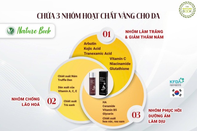 Nước hoa hồng dưỡng trắng ngừa nám da Mesla The Nature Book Hàn Quốc với bảng thành phần vàng cho da nám