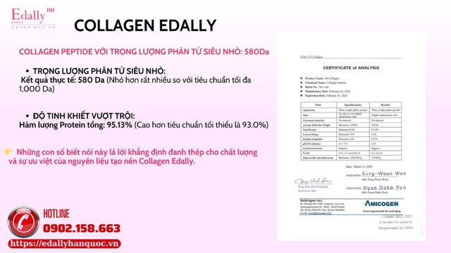 Nước uống Beauty Super Collagen Edally với thành phần collagen peptide có trọng lượng phân tử siêu nhỏ chỉ ~580 Dalton và độ tinh khiết cao