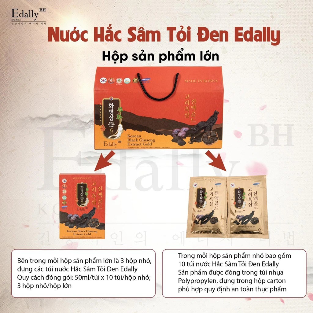 Quy cách đóng hộp Nước Hắc sâm Tỏi đen Edally Hwa Pyung Sam Hàn Quốc nhập khẩu, chính hãng