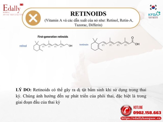 Retinoids và các dẫn xuất Retinol, Retin-A, Tazorac, Differin là nhữnghoạt chất mẹ bầu nên tránh khi mang thai và cho con bú