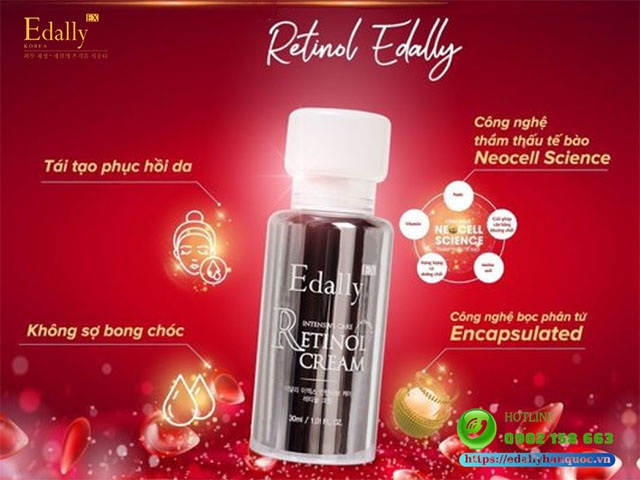 Kem Retinol Edally EX Hàn Quốc giúp giảm thâm, mụn hiệu quả nhờ sở hữu công nghệ kép là bọc phân tử sinh học Encapsulated và thẩm thấu tế bào Neocell Science