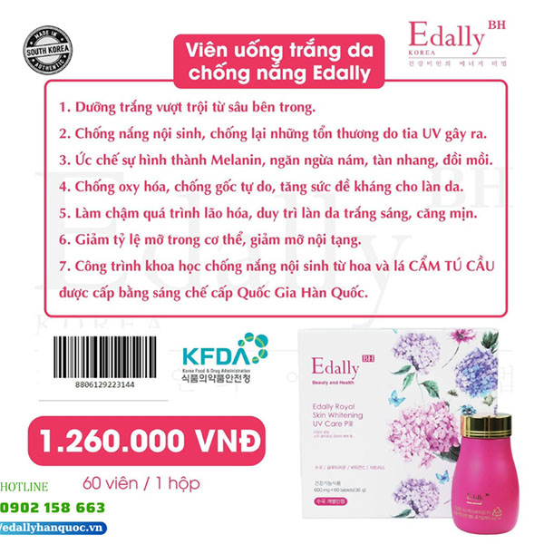 Sản phẩm dưỡng trắng da toàn thân không dùng kem trộn - Viên uống chống nắng trắng da Edally Royal Skin Whitening UV Care Pill