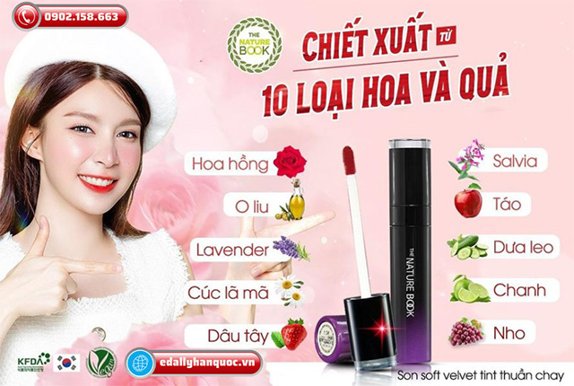 Son tint thuần chay Hàn Quốc The Nature Book nhập khẩu chính hãng được chiết xuất từ 10 loại hoa quả