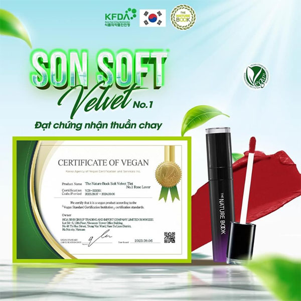 Son tint thuần chay Nature Book Hàn Quốc được chứng nhận thuần chay Vegan