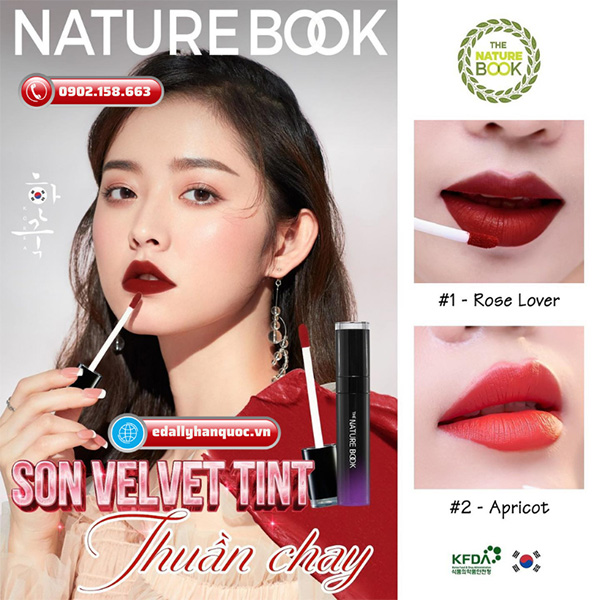 Son tint thuần chay Hàn Quốc The Nature Book màu 1 là đỏ pha nâu và màu 2 là đỏ cam