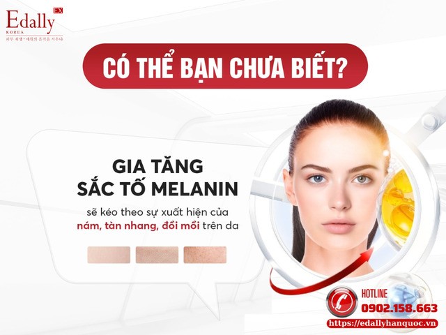 Sự gia tăng sắc tố Melanin sẽ kéo theo sự xuất hiện của nám da, tàn nhang và đồi mồi trên da