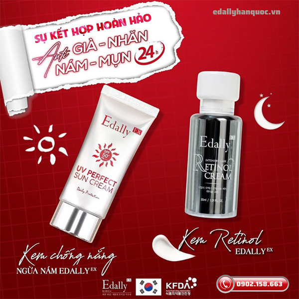 Kem chống nắng Edally EX và Retinol Edally EX là cặp đôi không thể tách rời trong Routine skincare anti già nhăn nám mụn