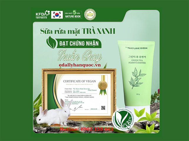 Sữa rửa mặt trà xanh The Nature Bookvinh dự đạt chứng nhận Mỹ phẩm thuần chay Quốc tế