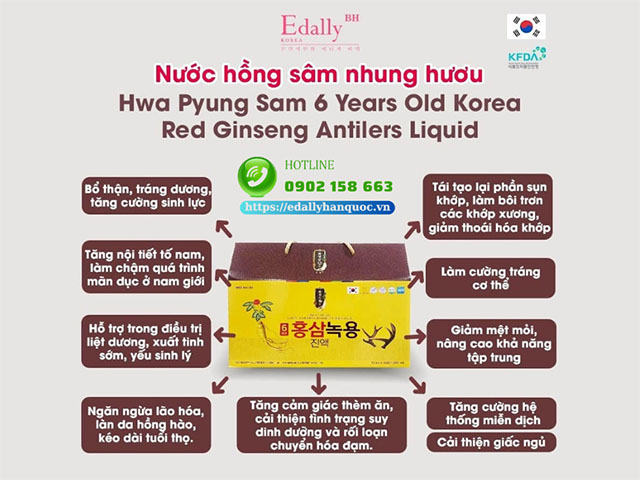 Tác dụng của Nước Hồng sâm Nhung hươu Edally Hwa Pyung Sam 6 Year Old Korea Red Ginseng Antilers Liquit Hàn Quốc nhập khẩu chính hãng