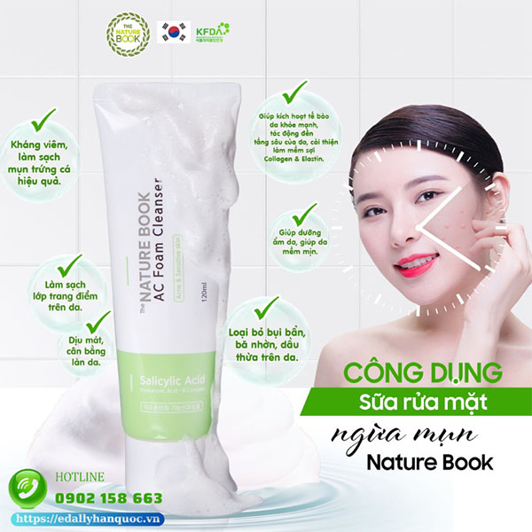 Công dụng của Sữa rửa mặt ngừa mụn The Nature Book Hàn Quốc nhập khẩu chính hãng