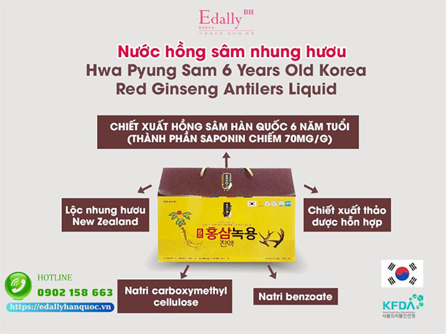 Thành phần chính của Nước Hồng sâm Nhung hươu Edally Hwa Pyung Sam 6 Year Old Korea Red Ginseng Antilers Liquit Hàn Quốc nhập khẩu chính hãng