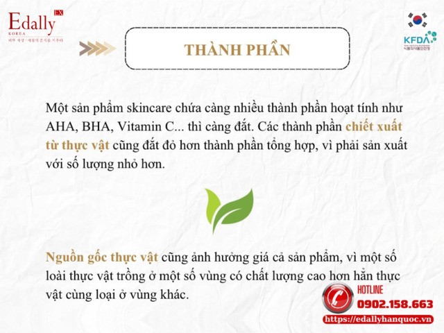 Thành phần của sản phẩm là yếu tố quyết định giá thành của sản phẩm skincare