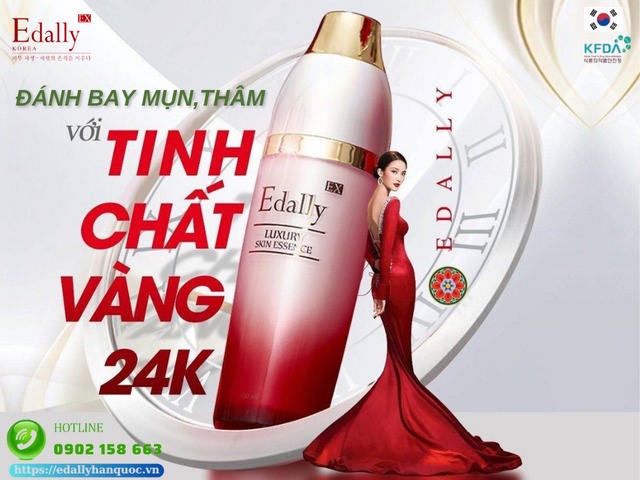 Tinh chất vàng 24K Edally EX Hàn Quốc được chứng nhận bởi KFDA, được Bệnh viện Da liễu Trung ương khuyên dùng trong trẻ hóa da và điều trị mụn