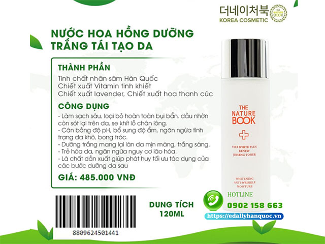 Toner dưỡng trắng hồng và tái tạo da The Nature Book Hàn Quốc nhập khẩu chính hãng